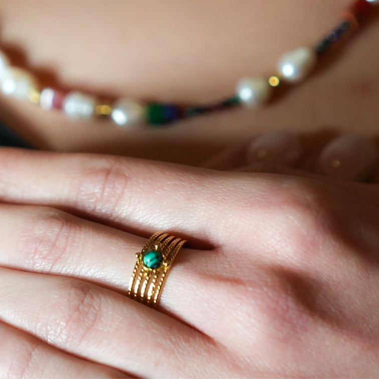 CHARMA: 5-Layer Circle Embossed Ring with a Malachite Stone Centre Piece