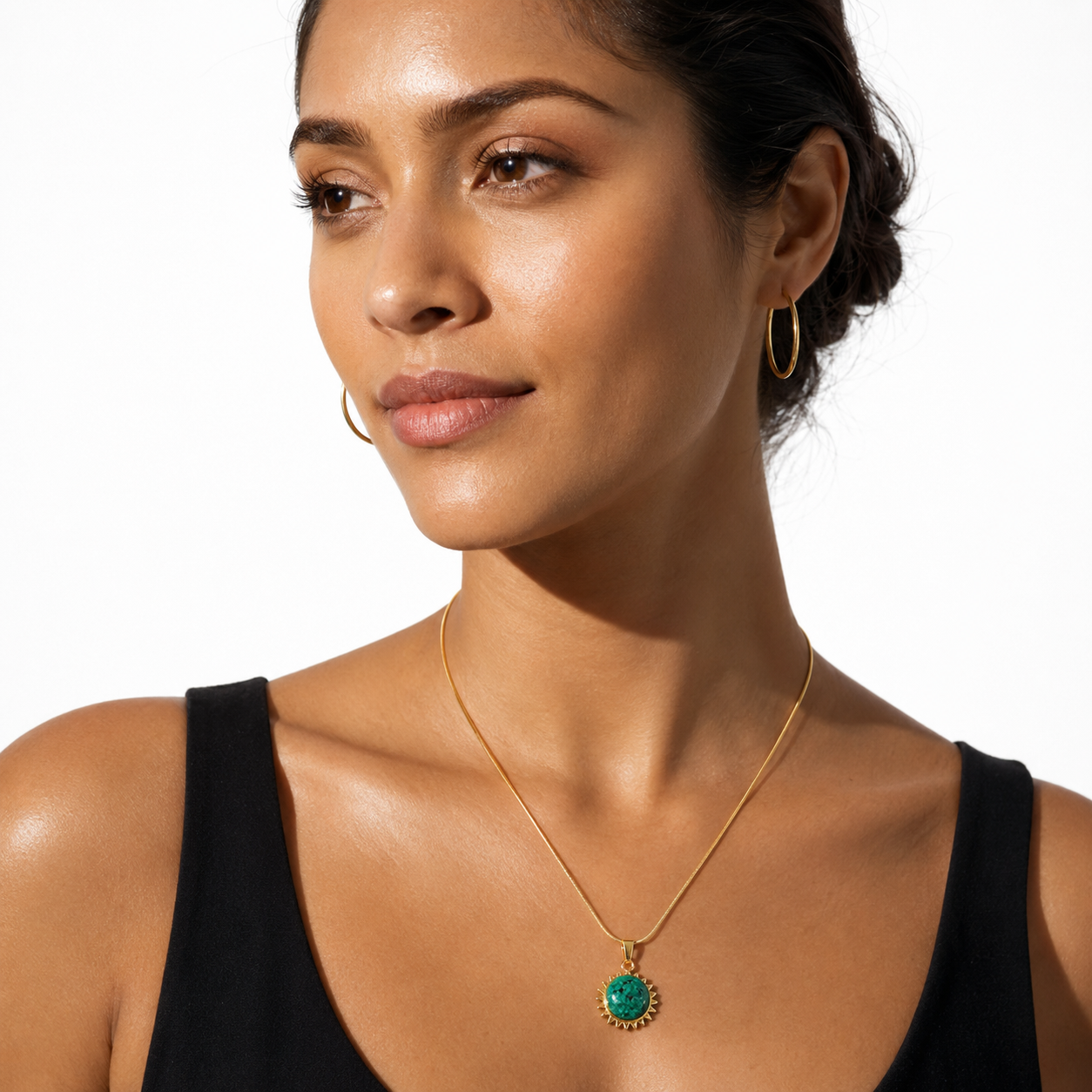 CHIDERA Gold: African Turquoise Sunburst Pendent on a Snake Skin Textured Chain Necklace