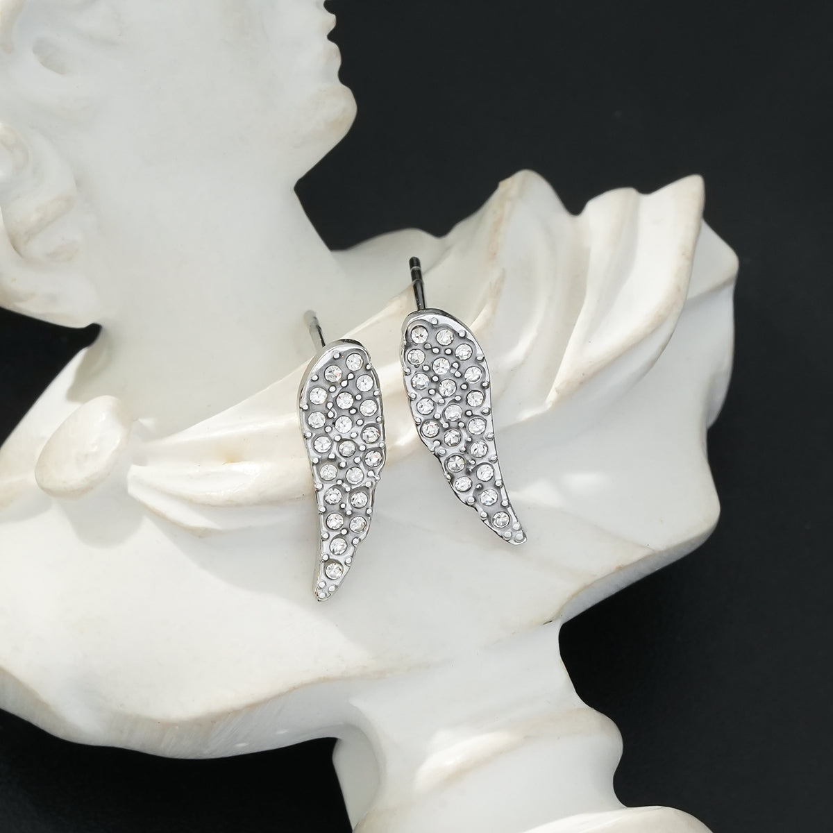 COMPTON White Gold (Silver Toned): Dazzling Pavé Zirconia Wing Shaped Stud Earrings – Elegant Sparkle for Every Occasion