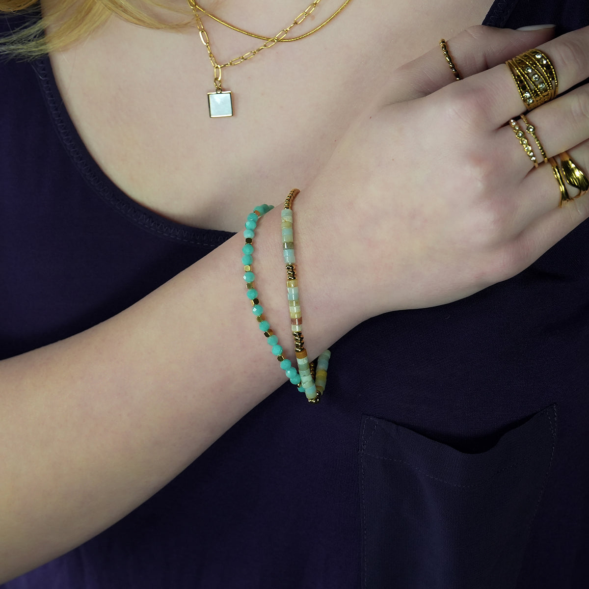 Style: CLEMENTINA: Amazonite Stones & Gold Beaded Bracelet