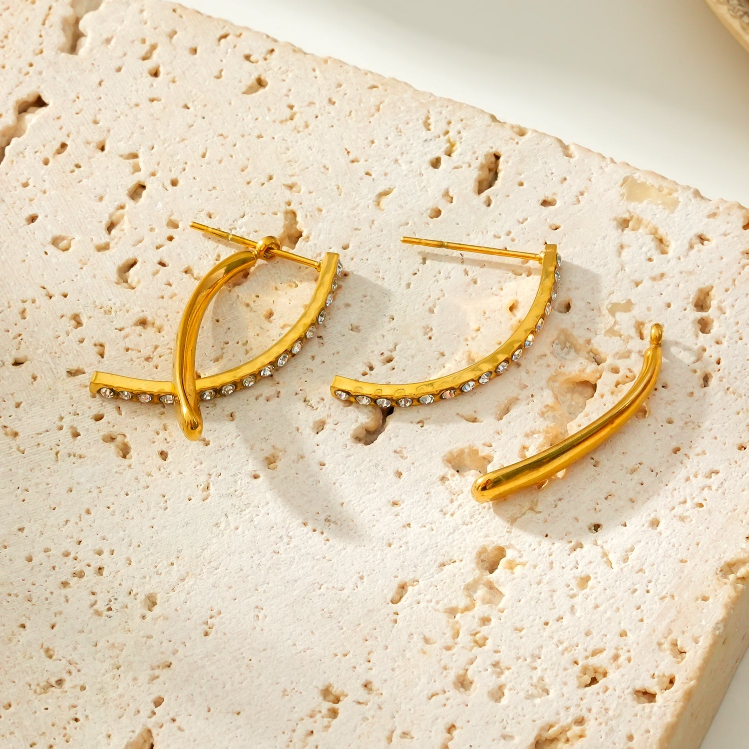 CREEDA Gold: Avant-Garde Shaped Detachable Hoop Earrings with Zirconia Gemstones