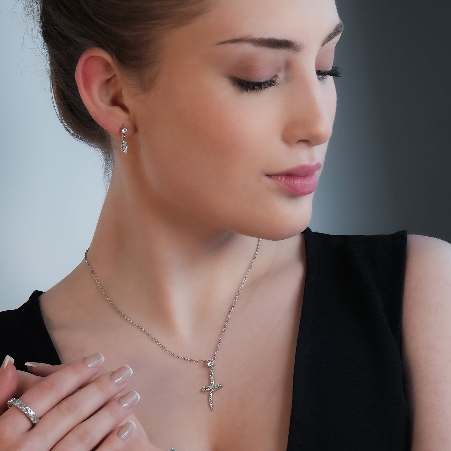 CRISTO Silver Toned White Gold: Dainty Beaded Chain Necklace with an Abstract Textured Cross Pendent