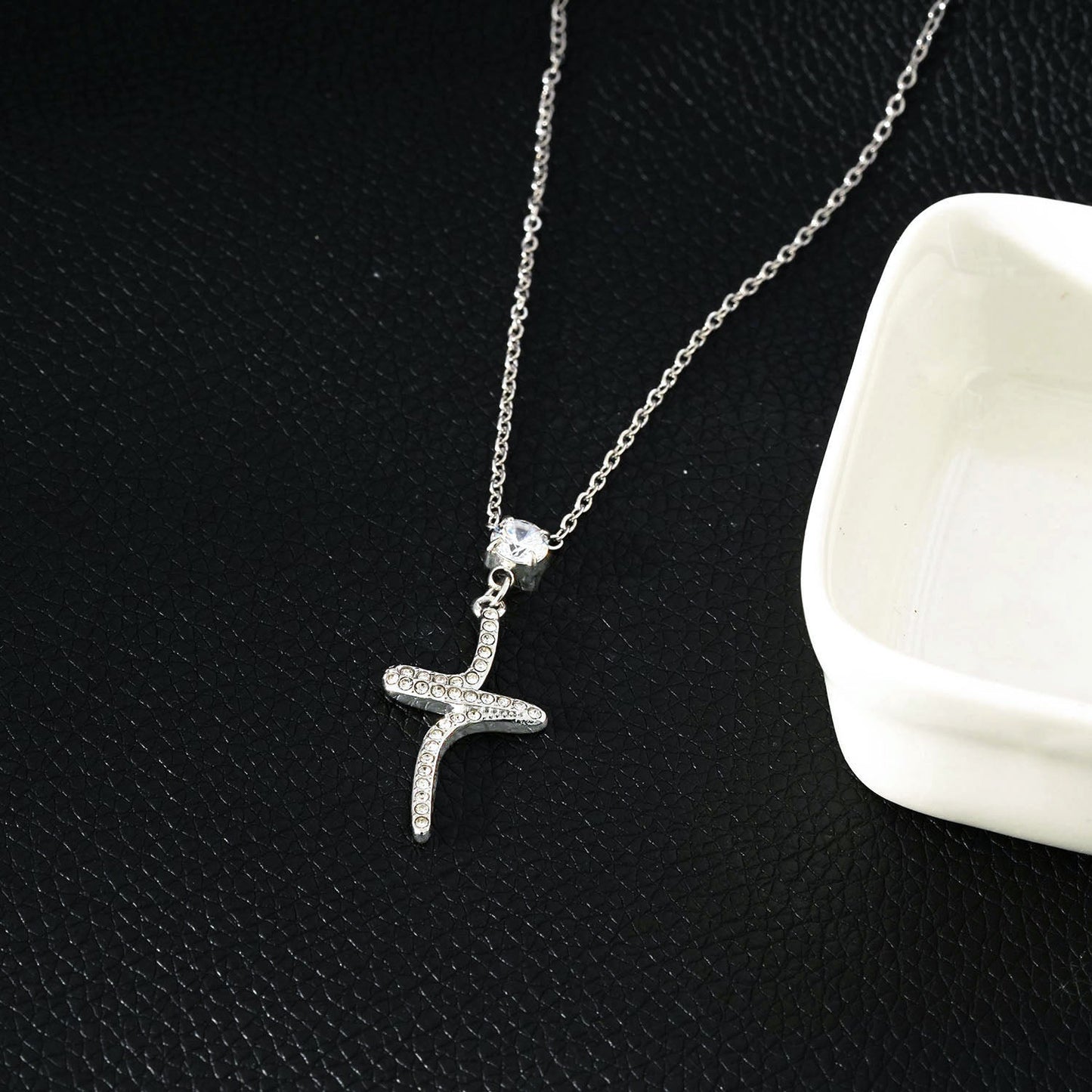 CRISTO Silver Toned White Gold: Dainty Beaded Chain Necklace with an Abstract Textured Cross Pendent