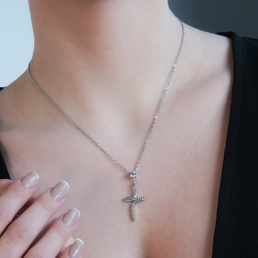 CRISTO Silver Toned White Gold: Dainty Beaded Chain Necklace with an Abstract Textured Cross Pendent