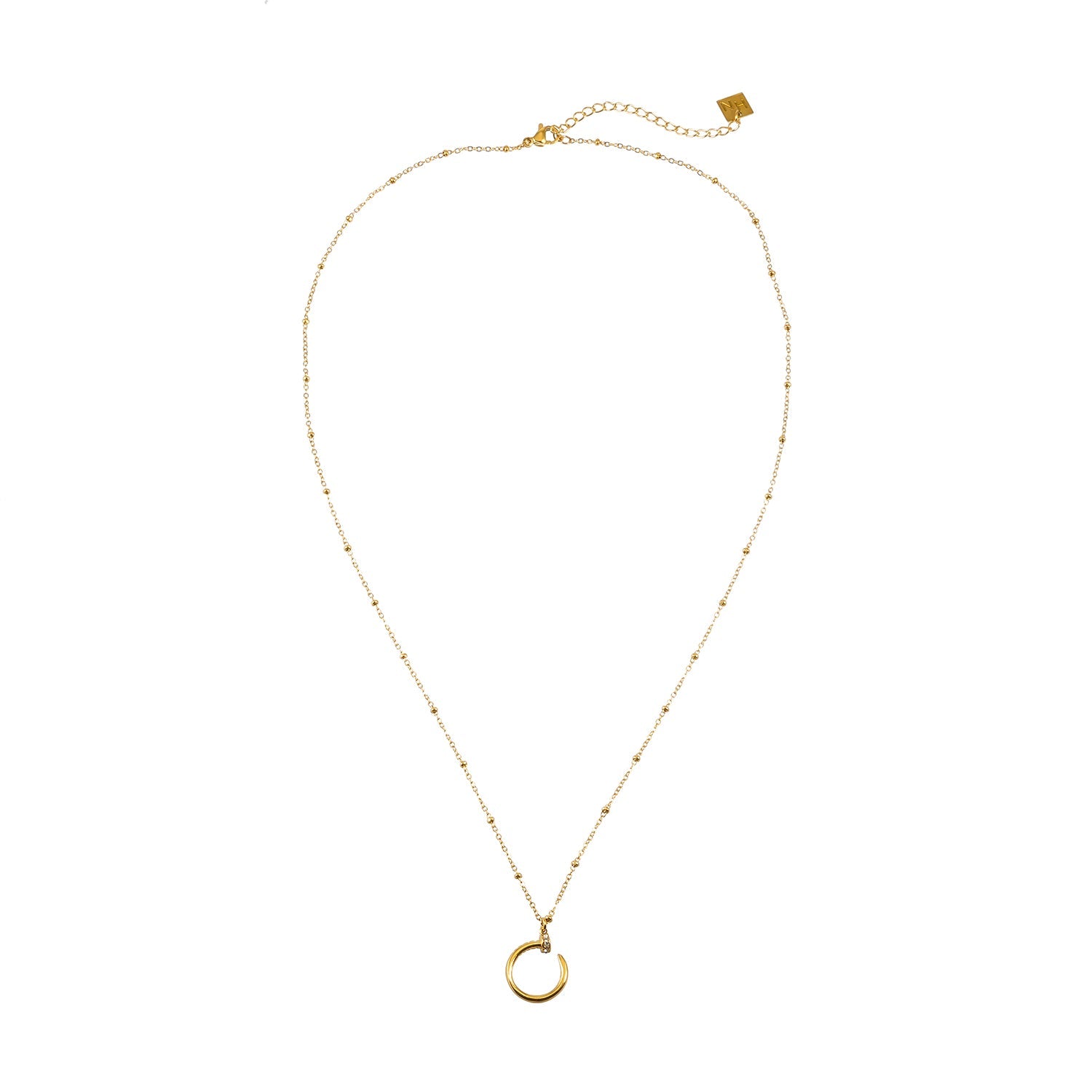 CSENGE Gold Necklace:  Zirconia Embedded Circular Nail Pendant on a Satellite Beaded Chain