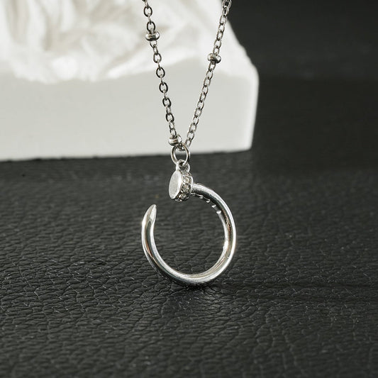CSENGE Silver (White Gold) Necklace:  Zirconia Embedded Circular Nail Pendant on a Satellite Beaded Chain