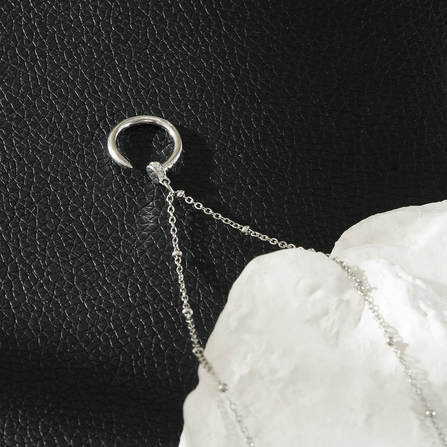 CSENGE Silver (White Gold) Necklace:  Zirconia Embedded Circular Nail Pendant on a Satellite Beaded Chain
