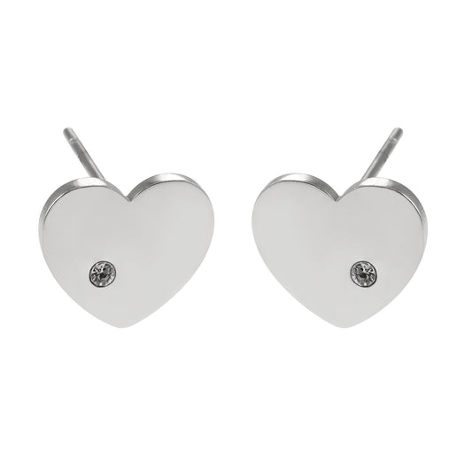 CUORE Silver Toned White Gold: Heart Shaped Solitaire Zirconia Stud Earrings