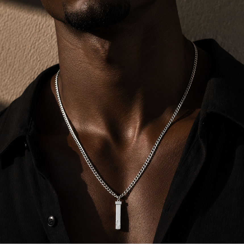DAKARIA SILVER (White Gold): Chipped Effect Geometric Pendant on a Link Chain For Men & Women