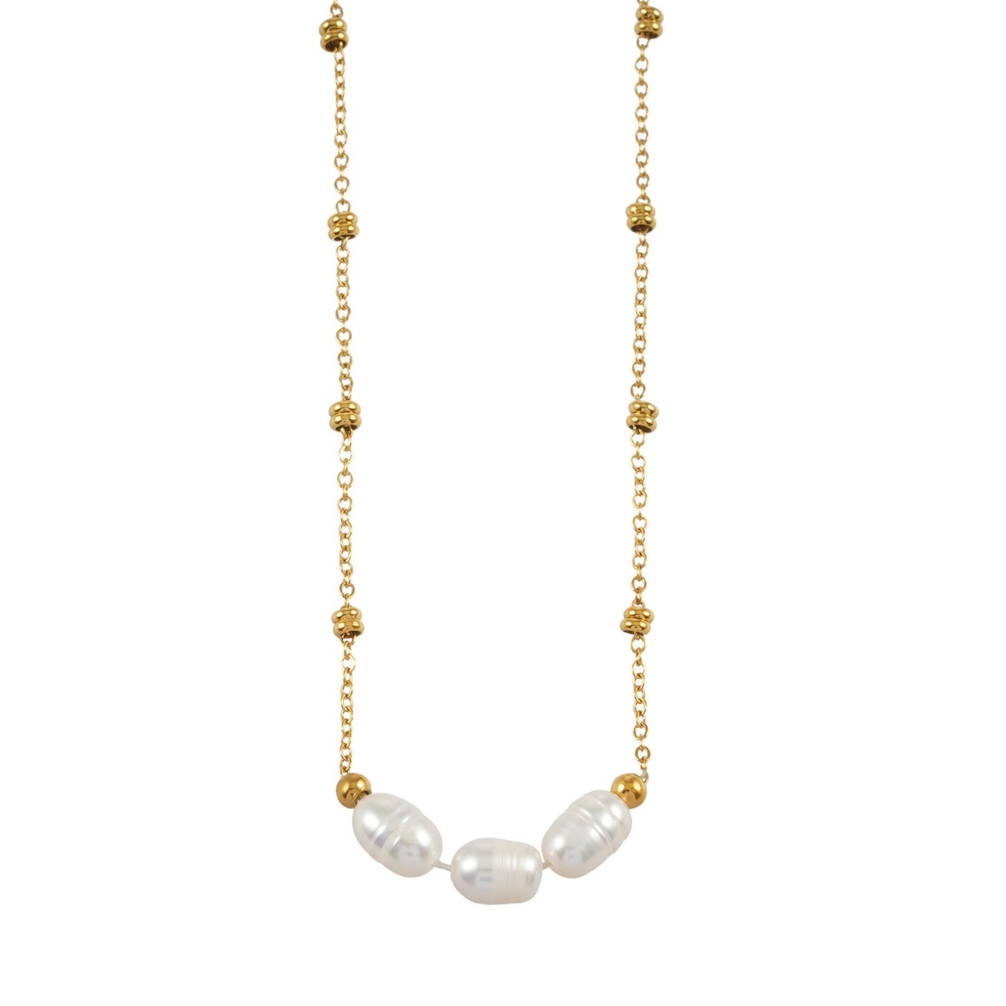 DAMINNA Gold: Dainty Beaded Chain Necklace with Freshwater Pearl Trio