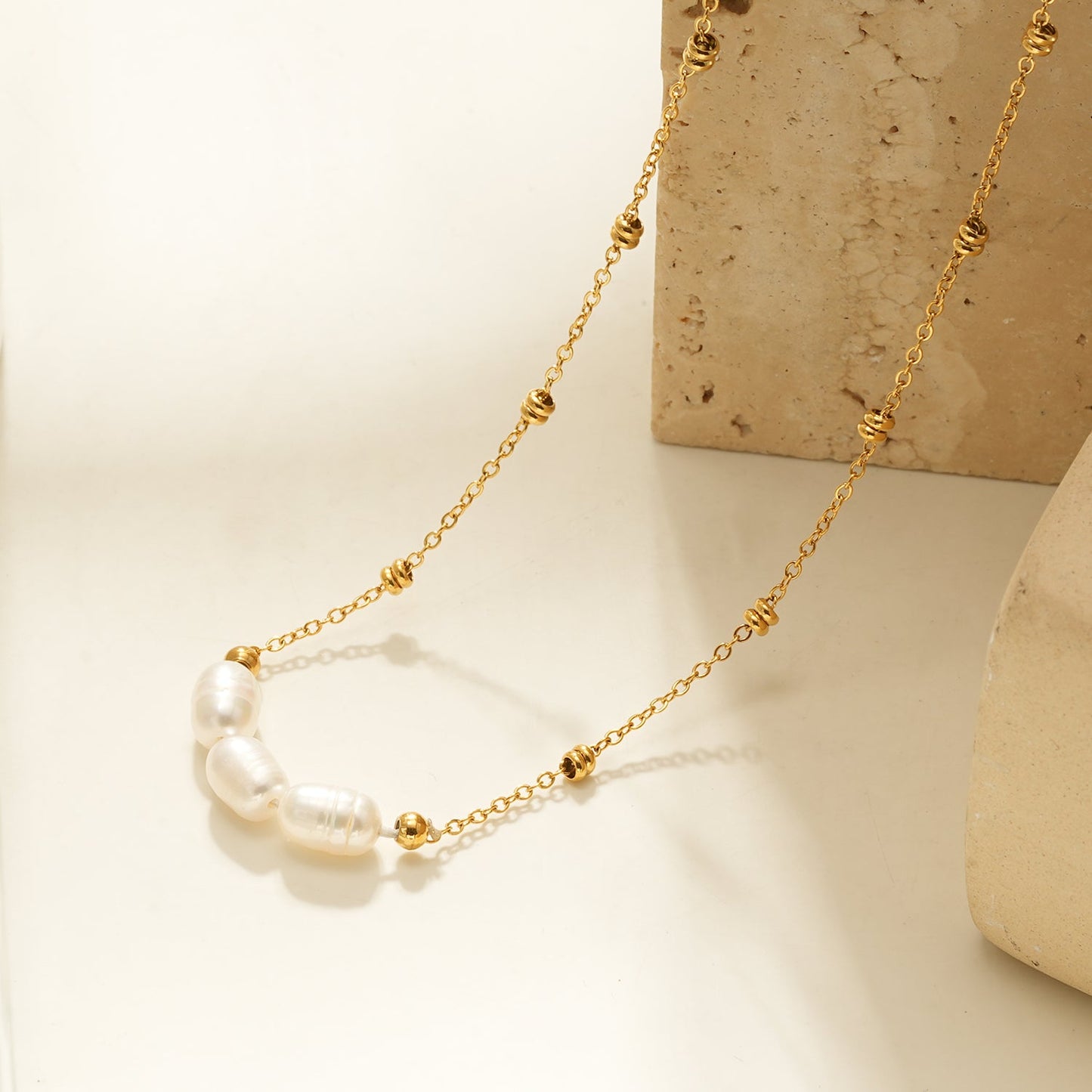 DAMINNA Gold: Dainty Beaded Chain Necklace with Freshwater Pearl Trio