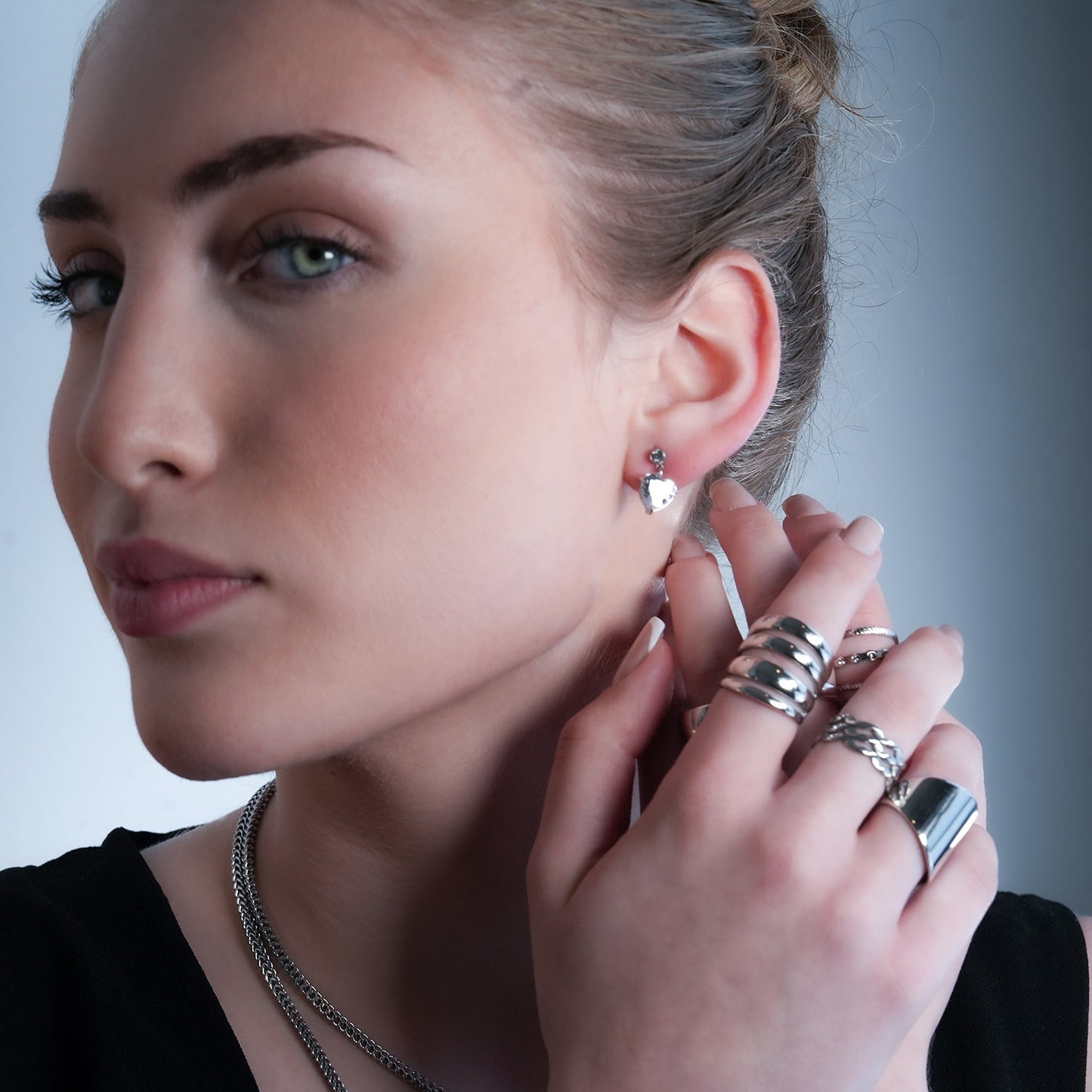 DAROCCA Silver (White Gold): Large Heart Shaped & Mini Solitaire Round Shaped Zirconia Combo Studs