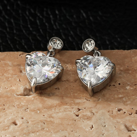 DAROCCA White Gold (Silver Toned): Large Heart Shaped & Mini Solitaire Round Shaped Zirconia Combo Studs