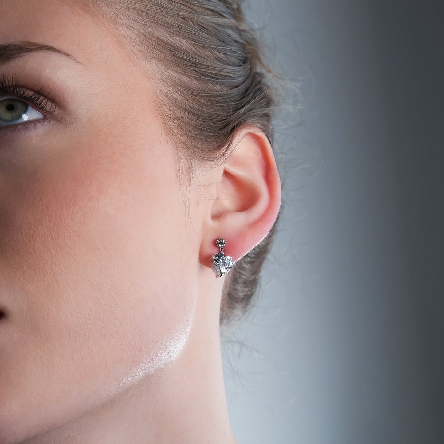 DAROCCA Silver (White Gold): Large Heart Shaped & Mini Solitaire Round Shaped Zirconia Combo Studs