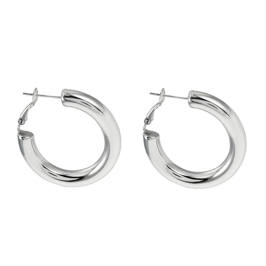 DERIVIER: Semi-Wide Essential Hoop Earrings in Silver Toned White Gold (3.5cm)