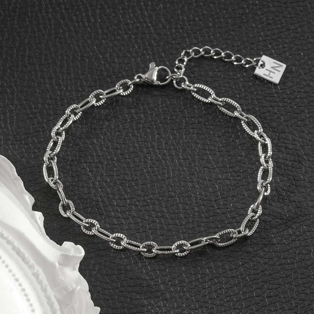 SIONA Silver (White Gold): Textured Link Bracelet – Minimalist Everyday Jewellery