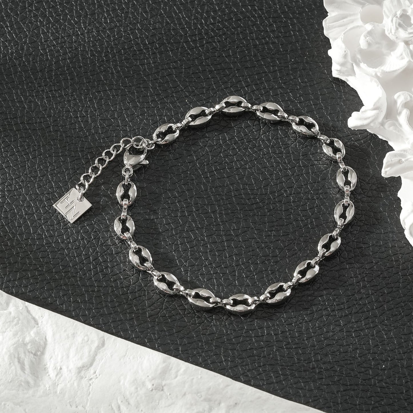 BOSEDE Silver (White Gold): Oval Beaded Link Chain Bracelet – Minimalist Everyday Jewellery