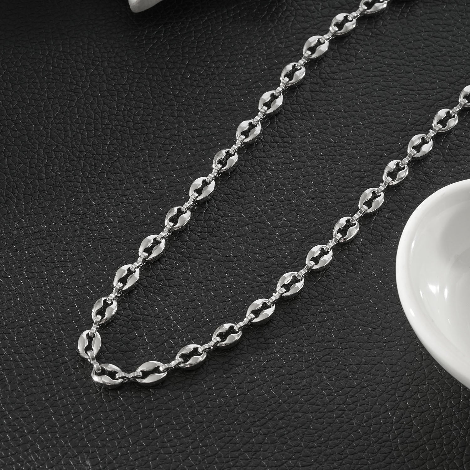 IKEM Silver (White Gold): Oval-Beads Coffee Bean Chain Necklace