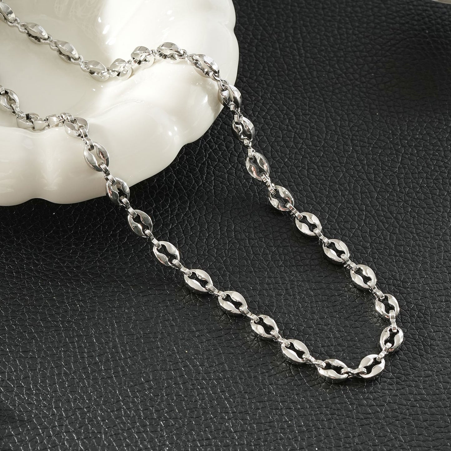 IKEM Silver (White Gold): Oval-Beads Coffee Bean Chain Necklace