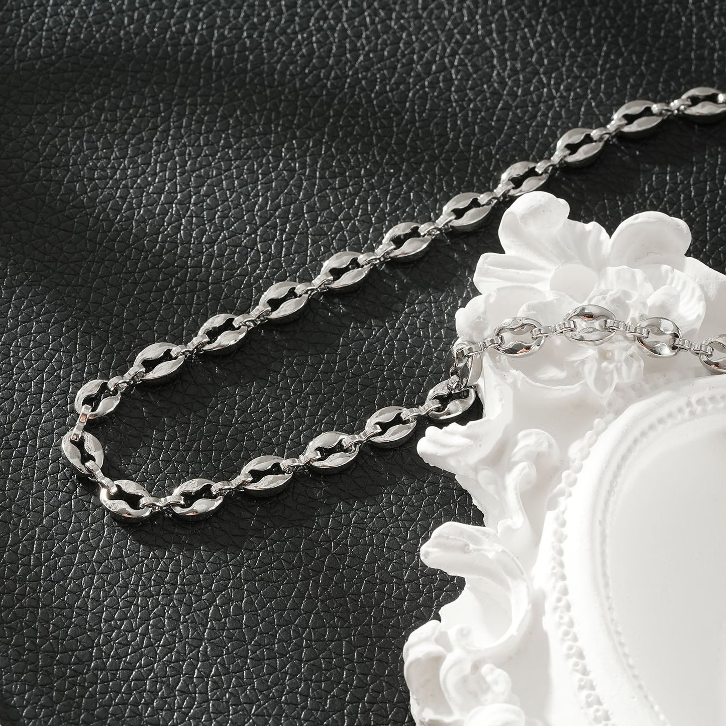 IKEM Silver (White Gold): Oval-Beads Coffee Bean Chain Necklace