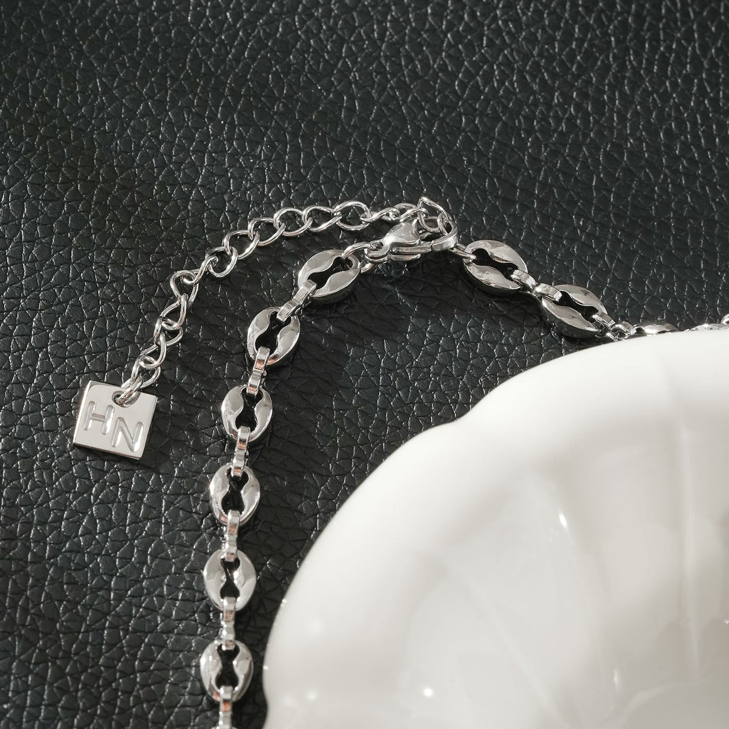 IKEM Silver (White Gold): Oval-Beads Coffee Bean Chain Necklace