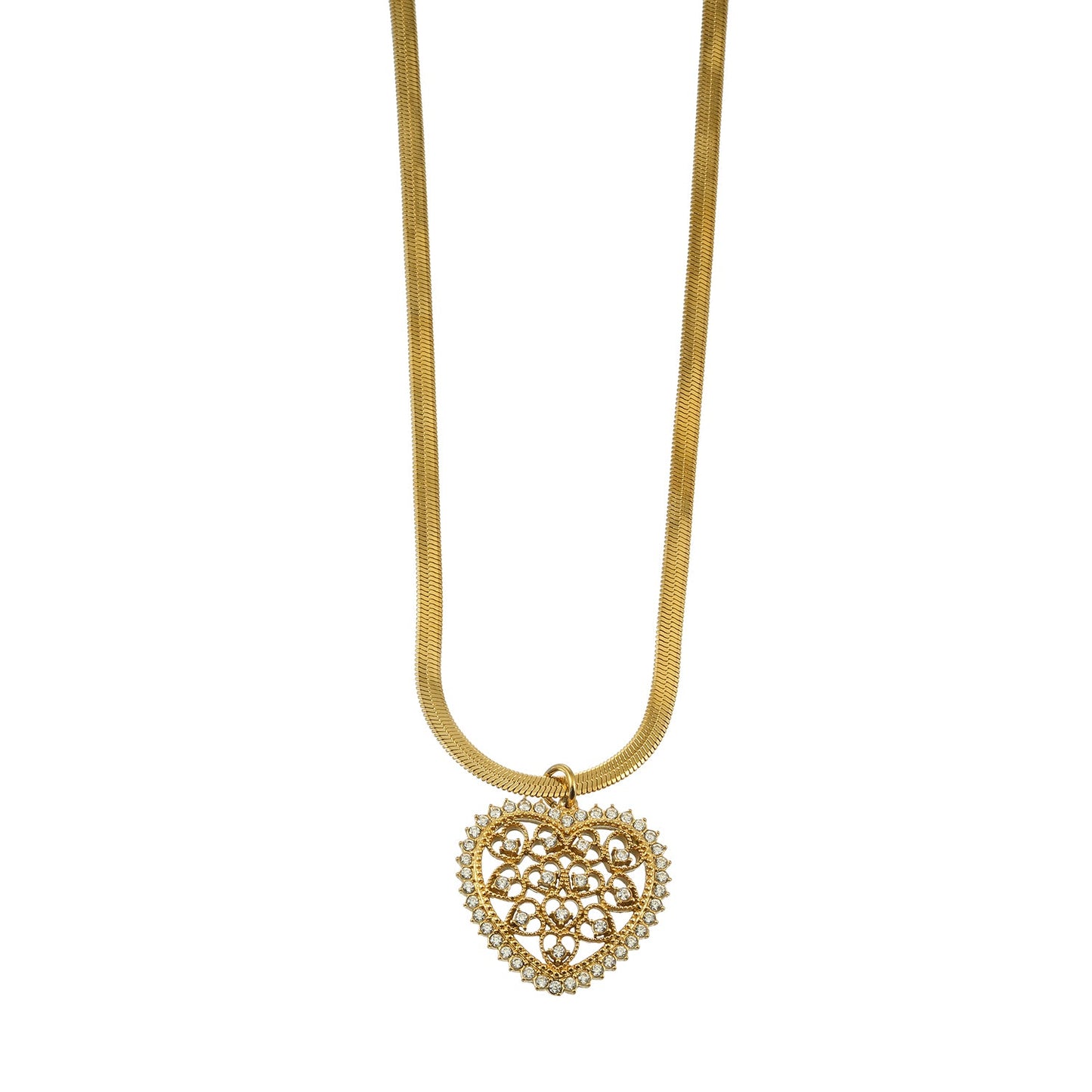KAARI Gold: Filigree Heart Pendant Necklace with a Snake Skin Textured Chain