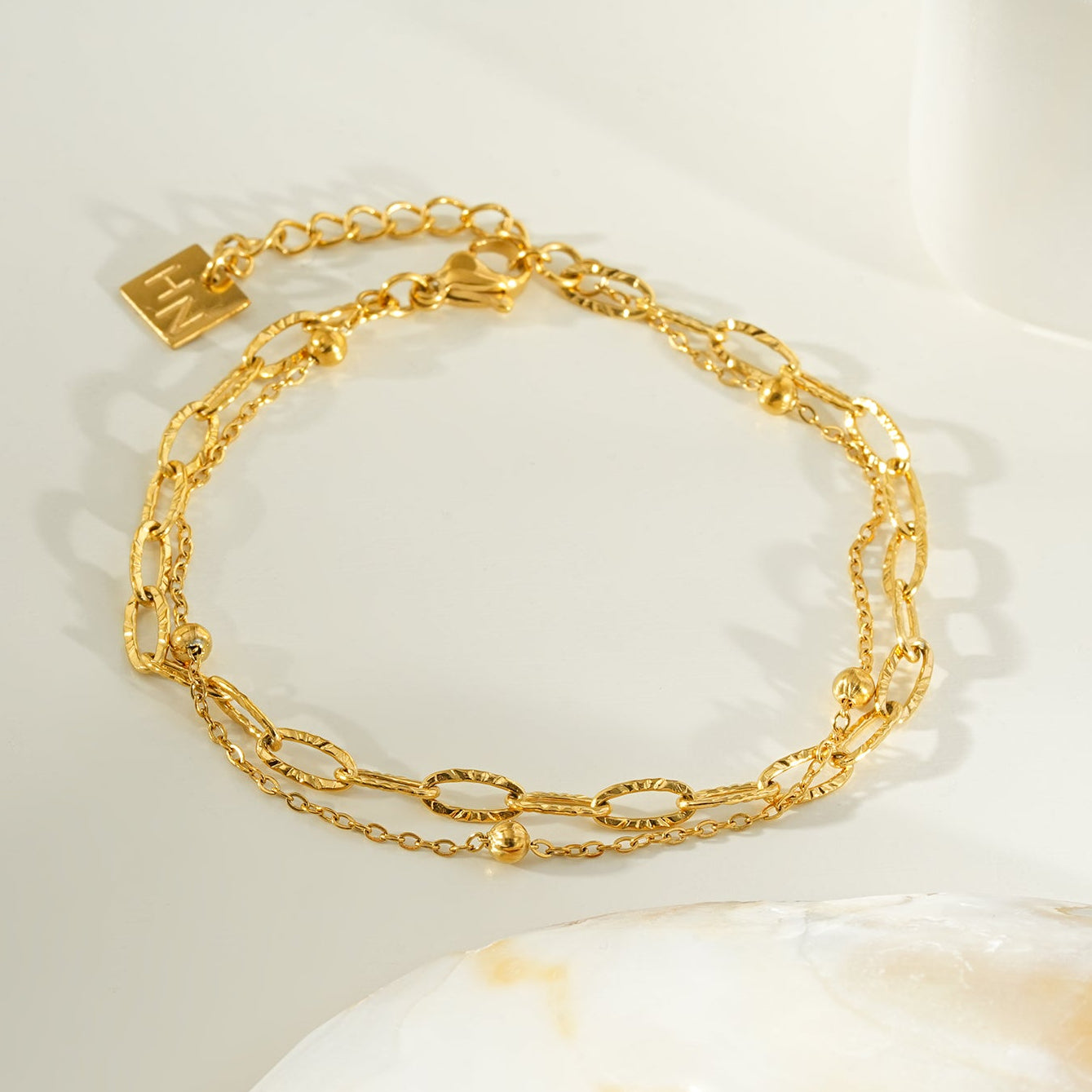 CASTILIA Gold Bracelet:  Double Stacked Paper Clip Chain &  Beaded Chain - Dazzle in Duality