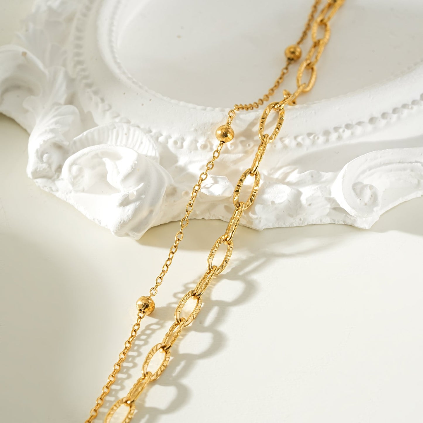 CASTILIA Gold Bracelet:  Double Stacked Paper Clip Chain &  Beaded Chain - Dazzle in Duality