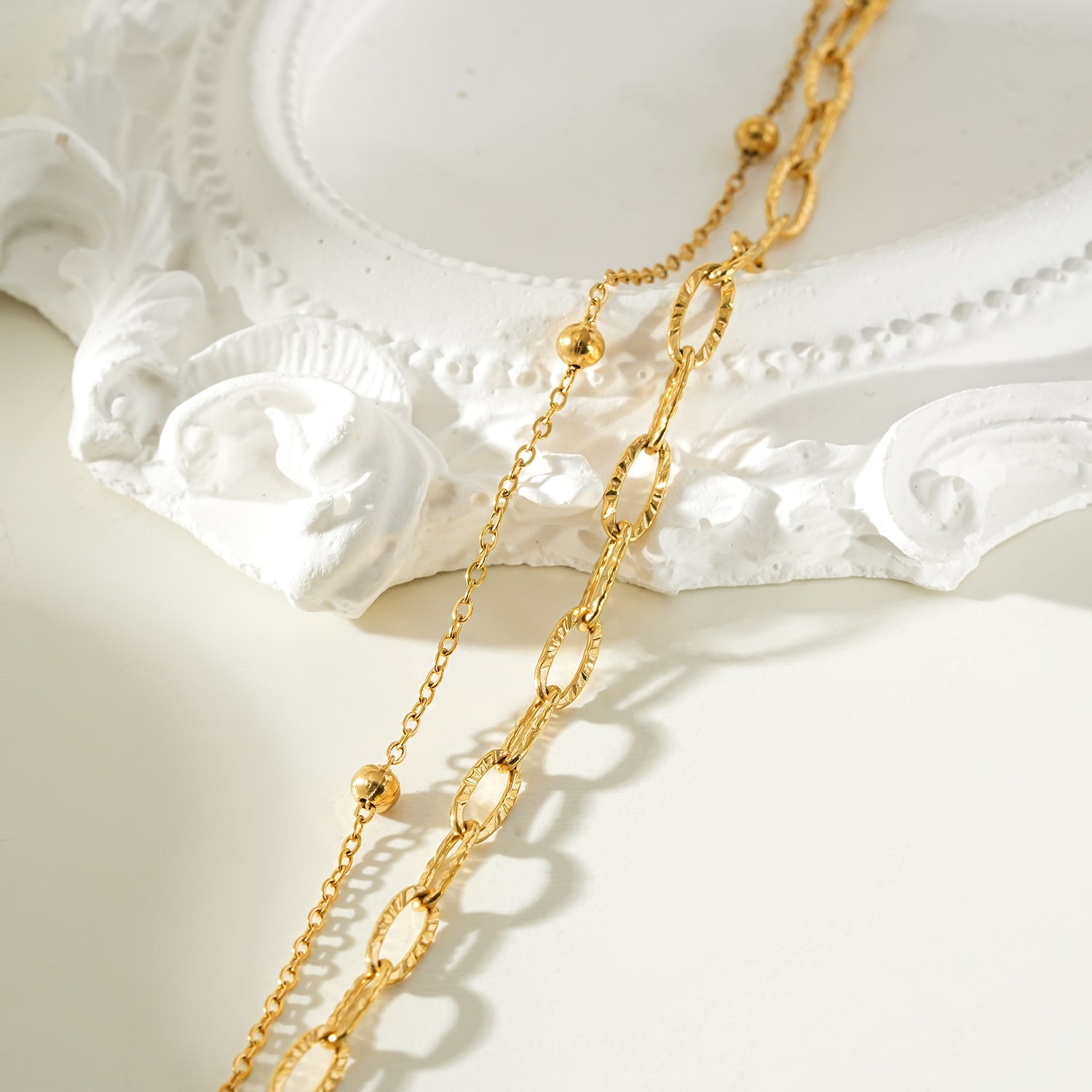 CASTILIA Gold Bracelet:  Double Stacked Paper Clip Chain &  Beaded Chain - Dazzle in Duality