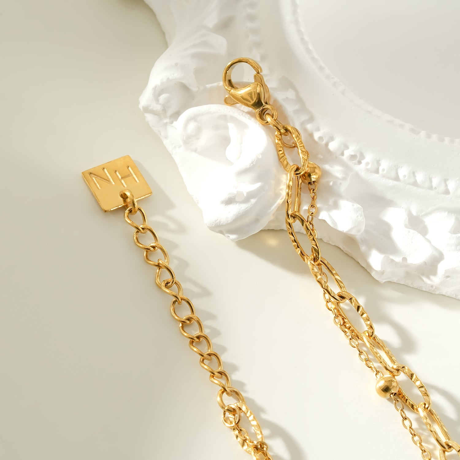 CASTILIA Gold Bracelet:  Double Stacked Paper Clip Chain &  Beaded Chain - Dazzle in Duality