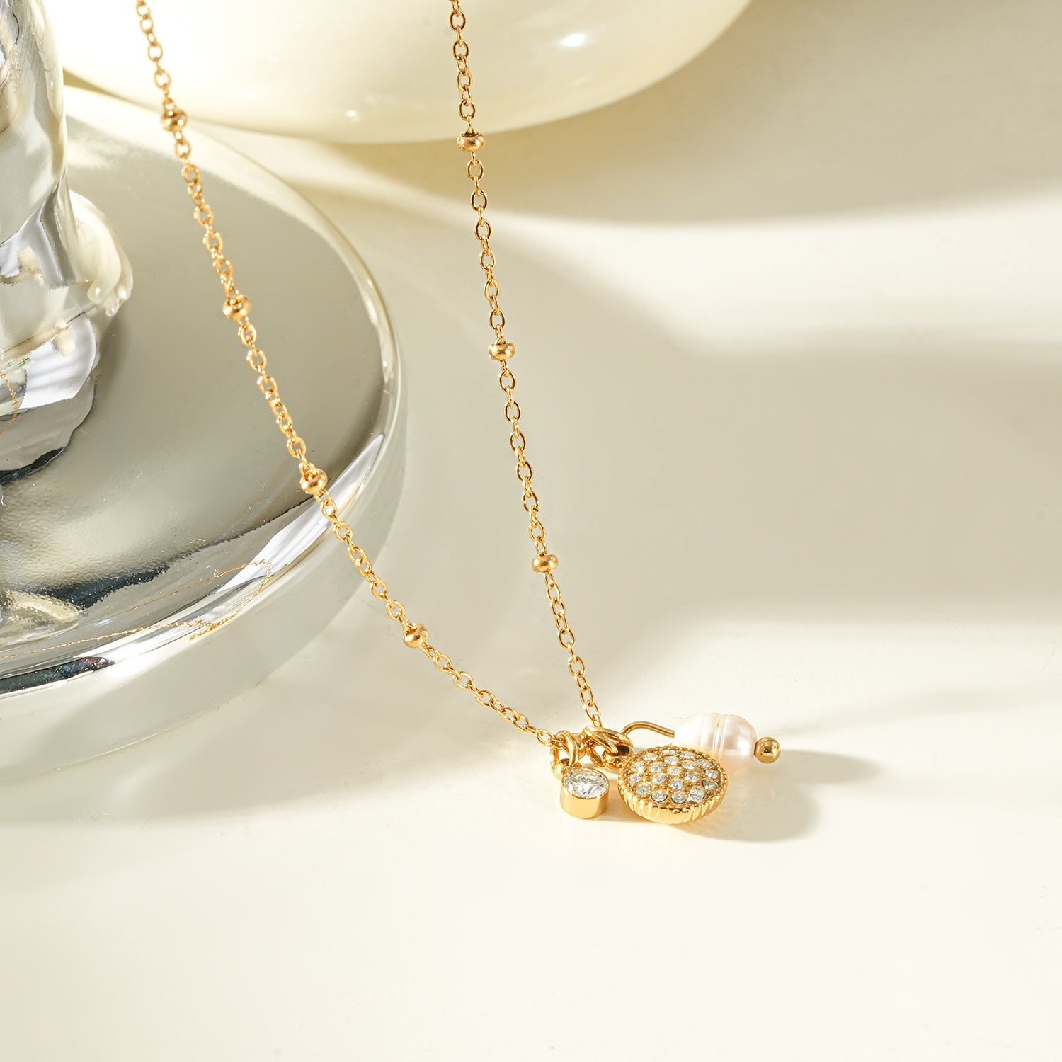 KAAMIL Gold: Retro Art Deco Charms Necklace with a Beaded Chain