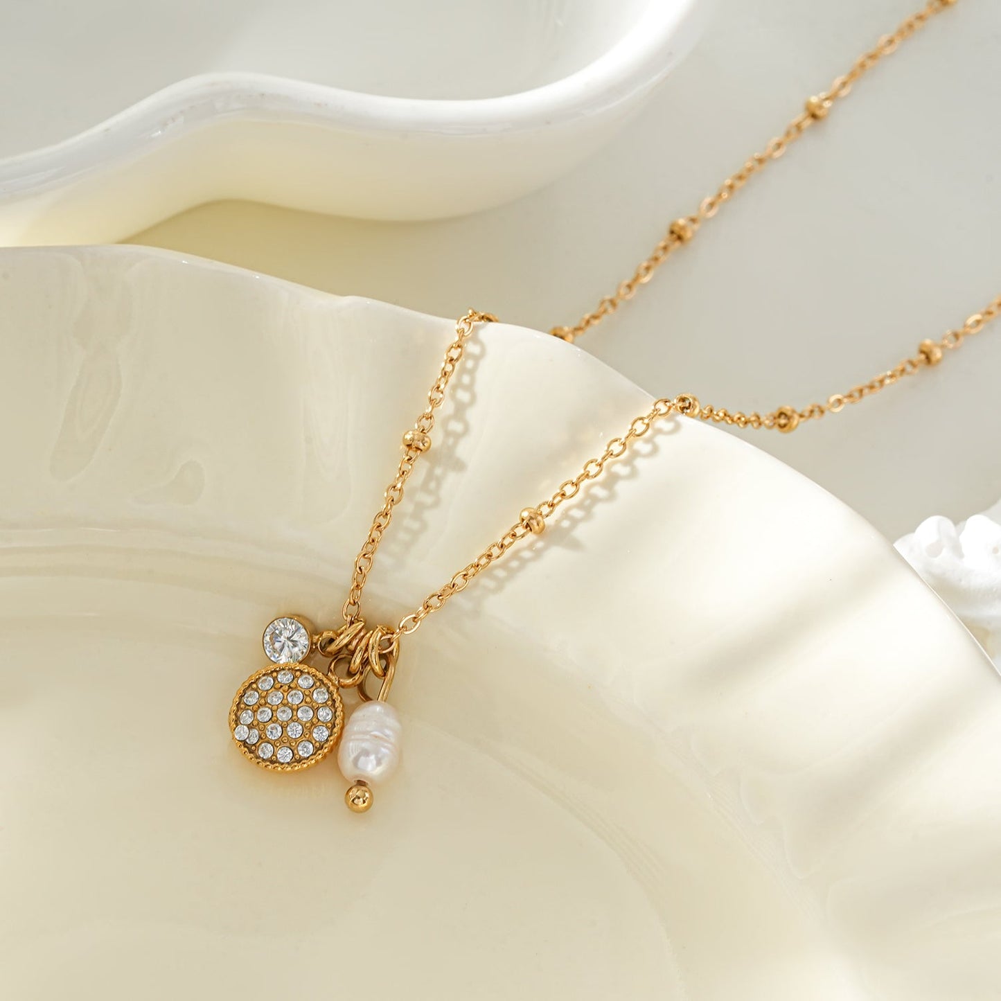 KAAMIL Gold: Retro Art Deco Charms Necklace with a Beaded Chain