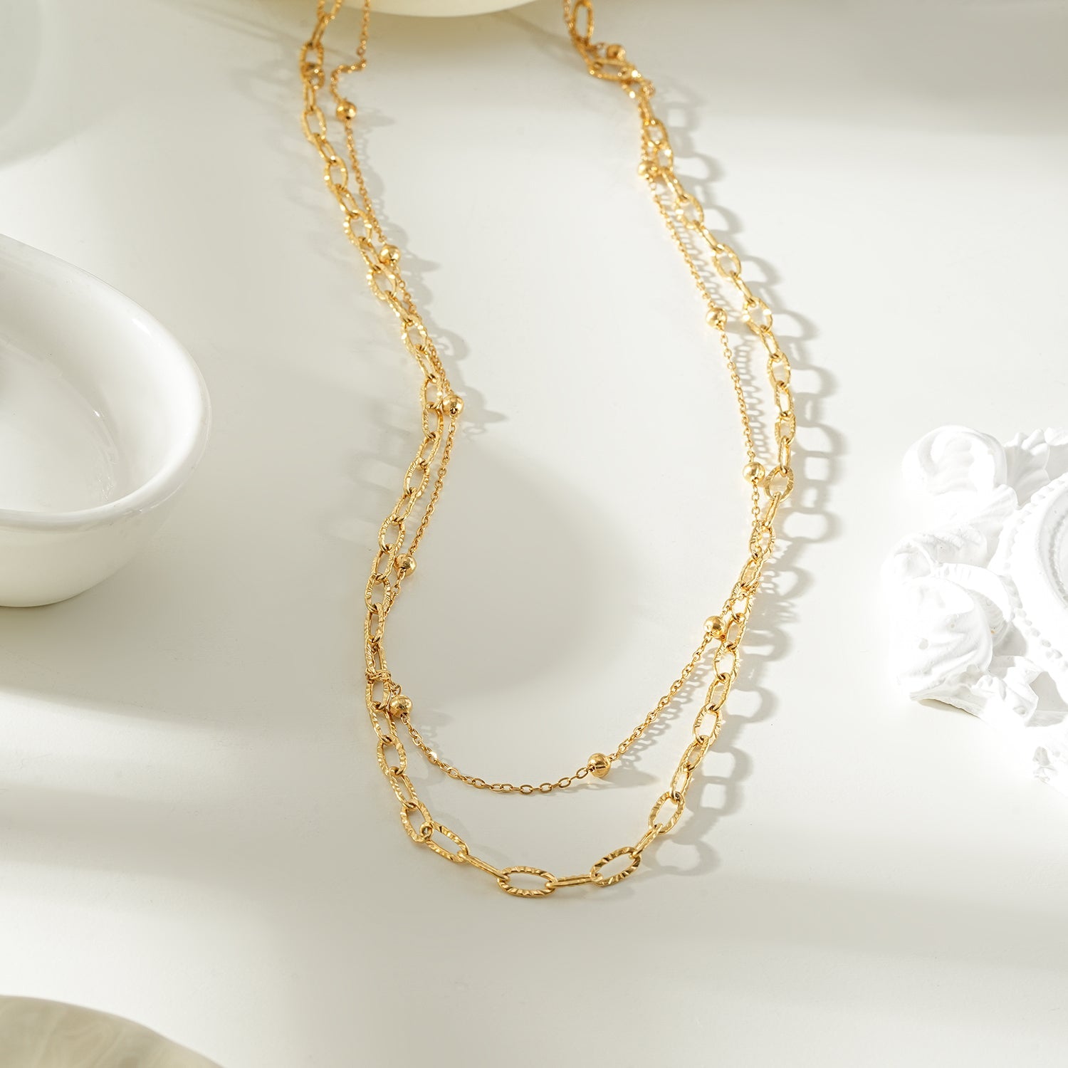 CASTILIA Gold Necklace:  Double Stacked Paper Clip Chain &  Beaded Chain - Dazzle in Duality.