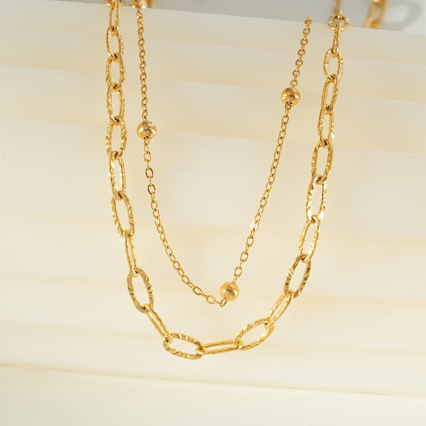 CASTILIA Gold Necklace:  Double Stacked Paper Clip Chain &  Beaded Chain - Dazzle in Duality.