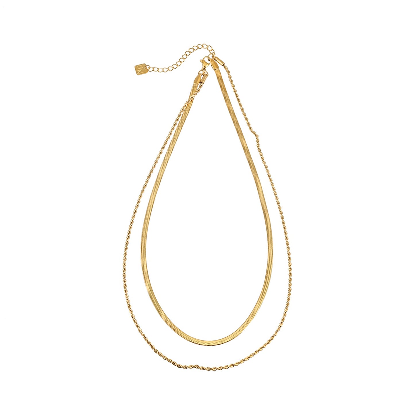 FAWZIA Gold: 2-Layered Flat Snake Chain & Rope Chain Necklace