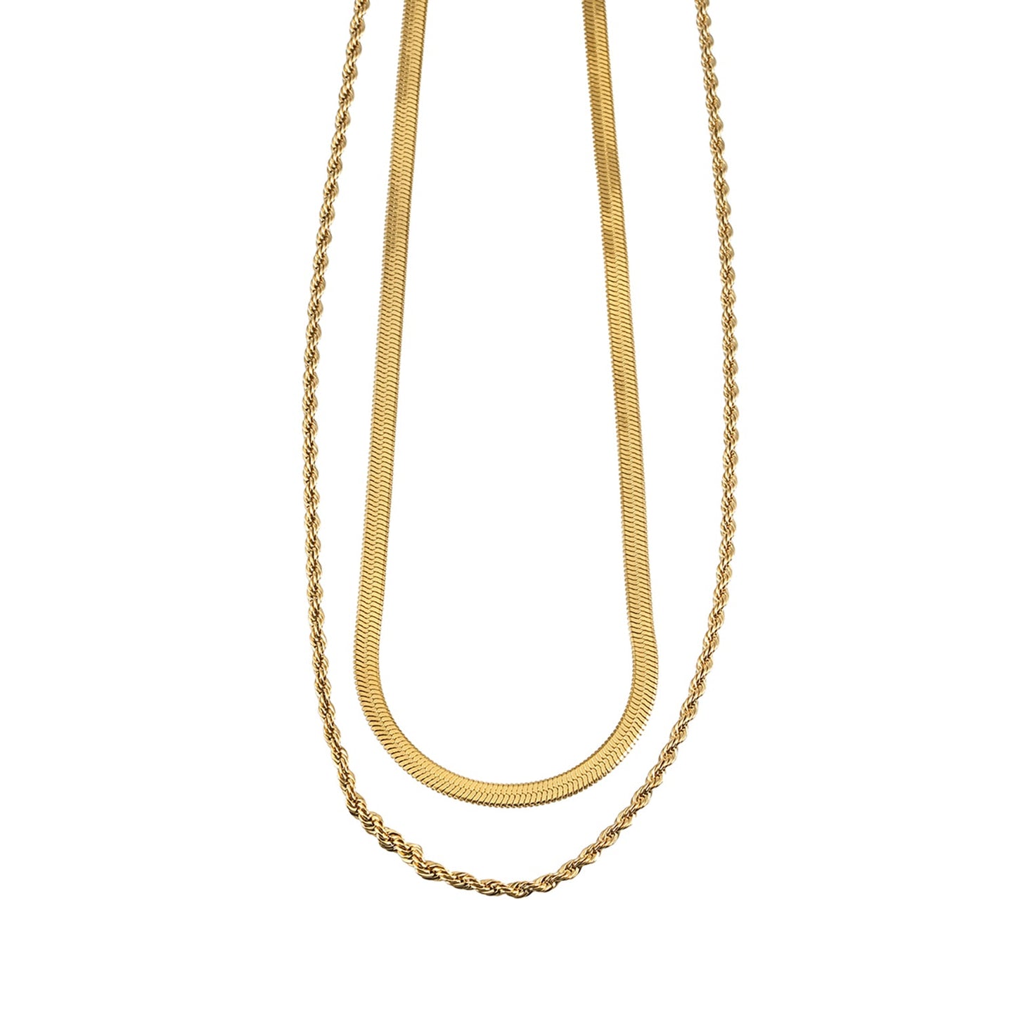 FAWZIA Gold: 2-Layered Flat Snake Chain & Rope Chain Necklace
