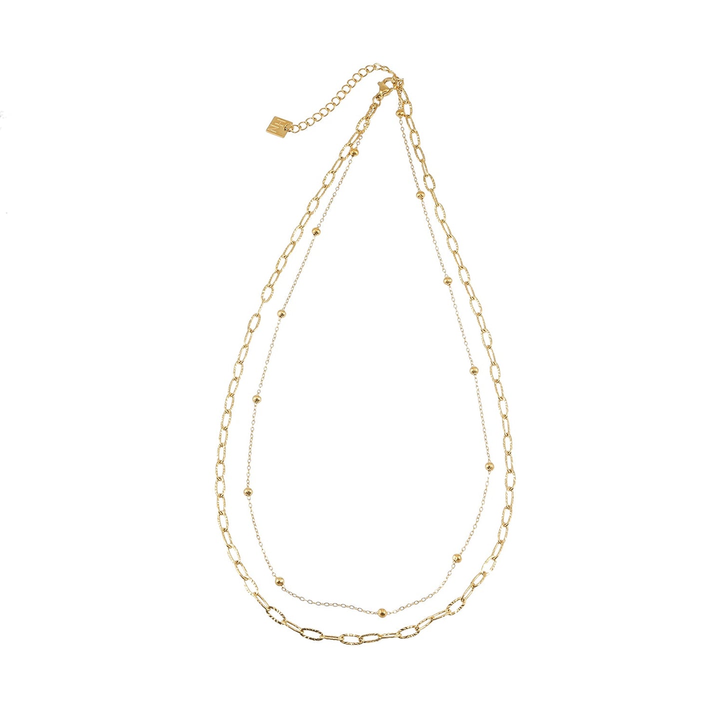 CASTILIA Gold Necklace:  Double Stacked Paper Clip Chain &  Beaded Chain - Dazzle in Duality.