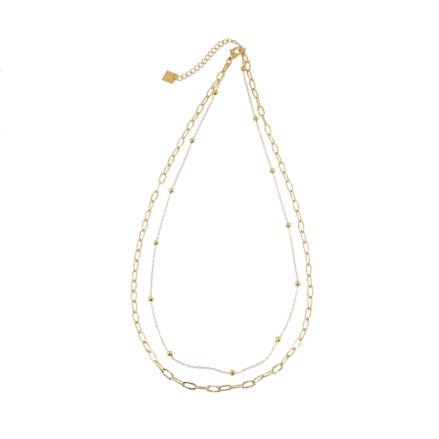 CASTILIA Gold Necklace:  Double Stacked Paper Clip Chain &  Beaded Chain - Dazzle in Duality.