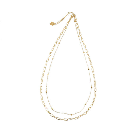 CASTILIA Gold Necklace:  Double Stacked Paper Clip Chain &  Beaded Chain - Dazzle in Duality.