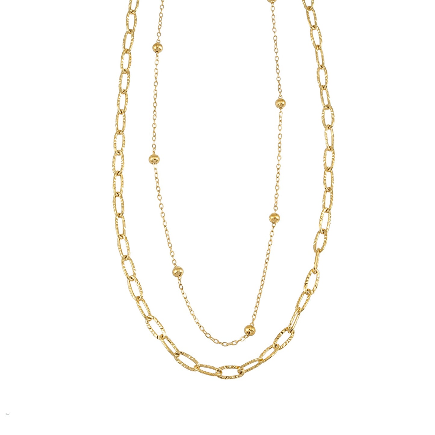 CASTILIA Gold Necklace:  Double Stacked Paper Clip Chain &  Beaded Chain - Dazzle in Duality.