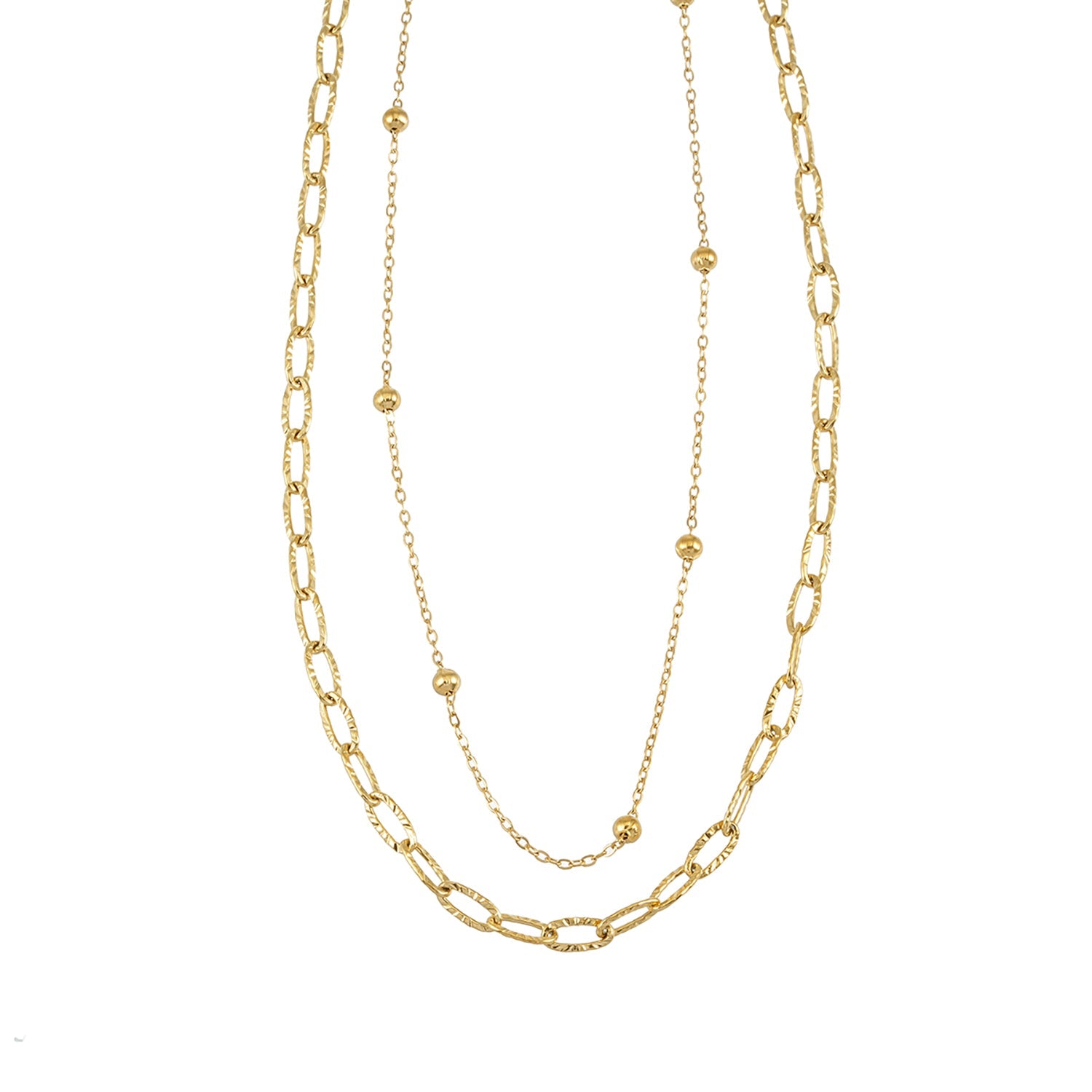 CASTILIA Gold Necklace:  Double Stacked Paper Clip Chain &  Beaded Chain - Dazzle in Duality.