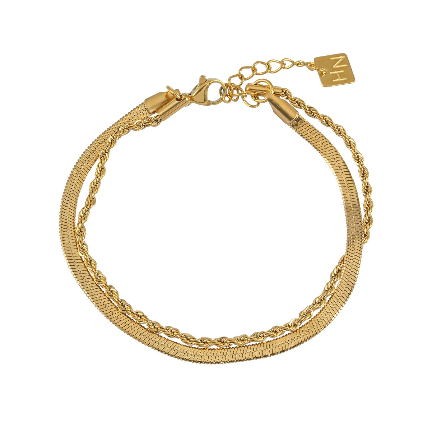 FILSAN Gold: 2-Layered Flat Snake Chain & Rope Chain Bracelet
