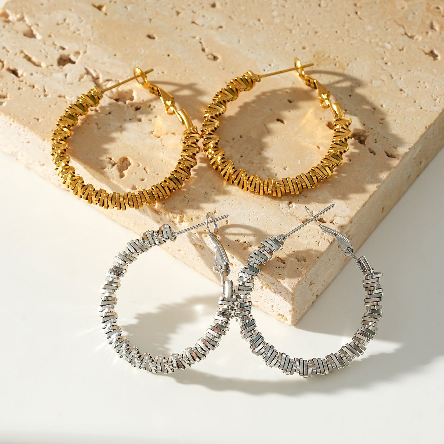 Style SPRINGDALE Silver: Textured Geometric Square Beaded Hoop Earrings