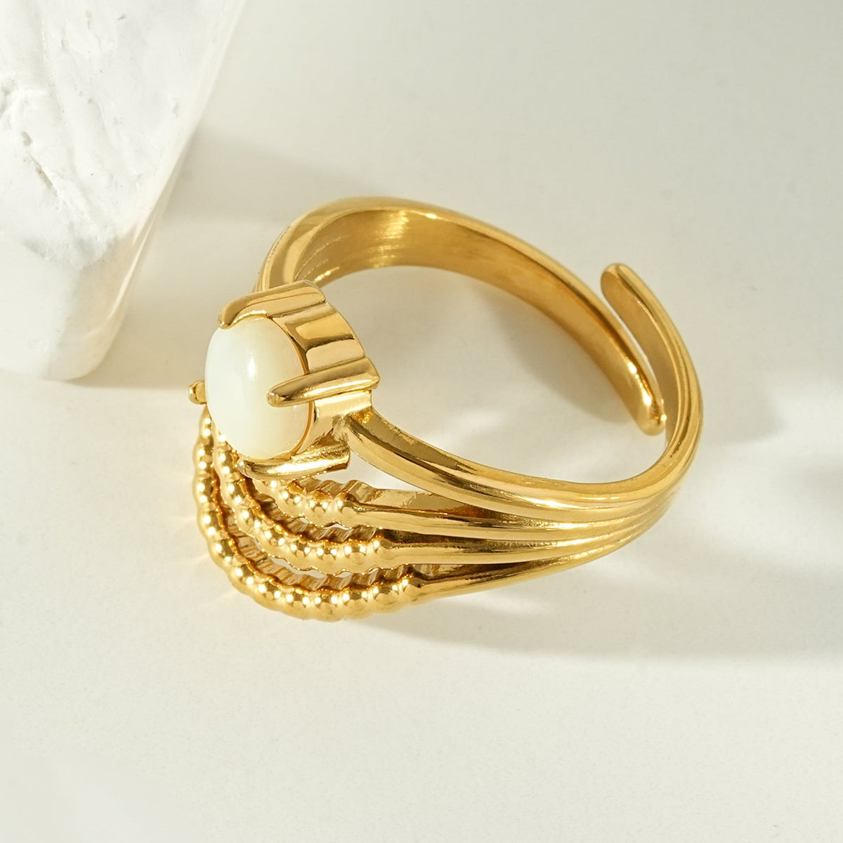 AURELYSSE Gold Ring: Sculpted Gold Layers with Ivory Stone