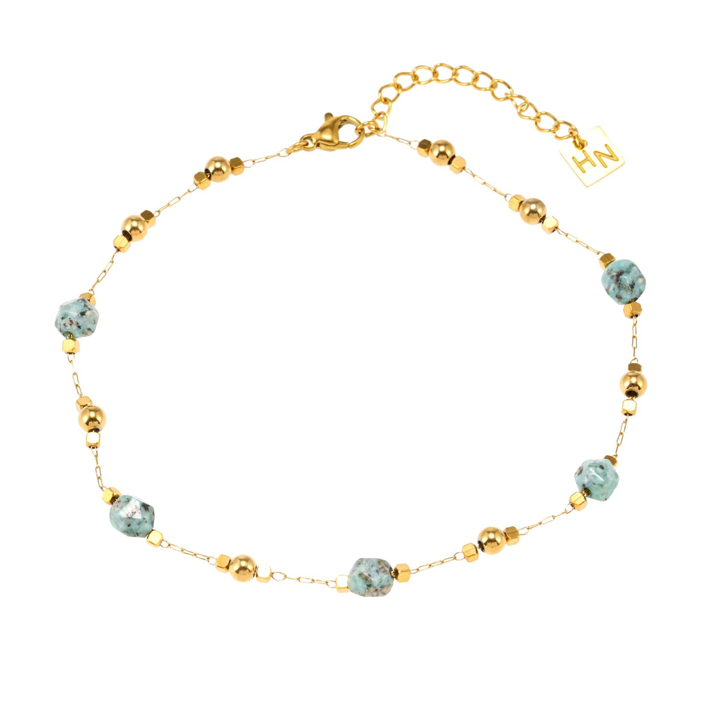 GIROC: Link-Chain, Gold Beads & African Turquoise Natural Stones Anklet