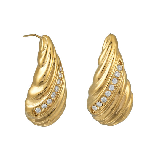 CAASHA Gold: Teardrop Statement Stud Earrings with Textured Lines & Pavé Zirconia Center