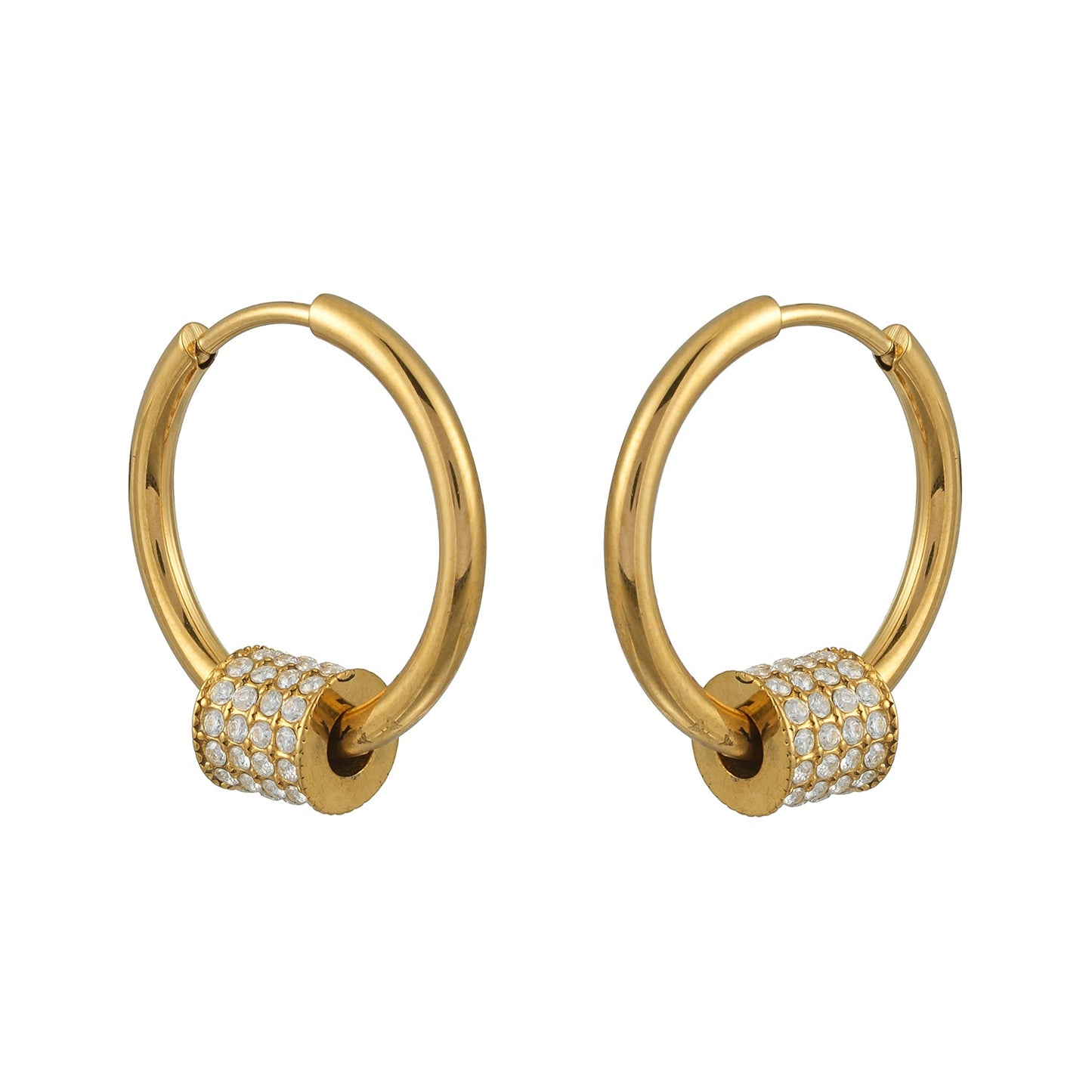 DUNIYA Gold: Gold Hoop Earrings with Barrel Pavé Diamond Charm – Luxe Modern Style