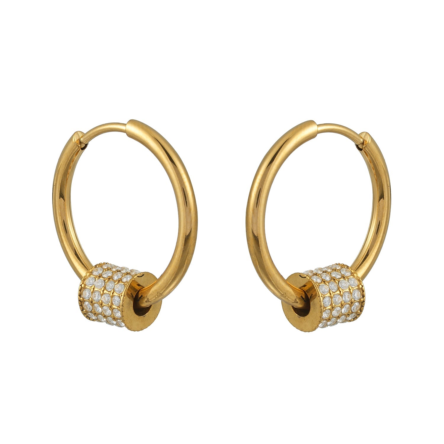 DUNIYA Gold: Gold Hoop Earrings with Barrel Pavé Diamond Charm – Luxe Modern Style