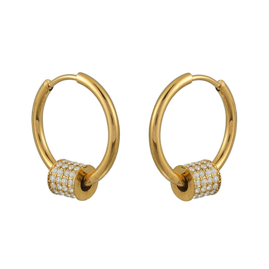 DUNIYA Gold: Gold Hoop Earrings with Barrel Pavé Diamond Charm – Luxe Modern Style