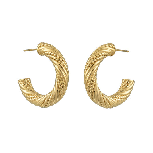 GULIID Gold: Vintage Textured Mid-Width Hoop Earrings with Fine Lines and Rope Pattern Detail